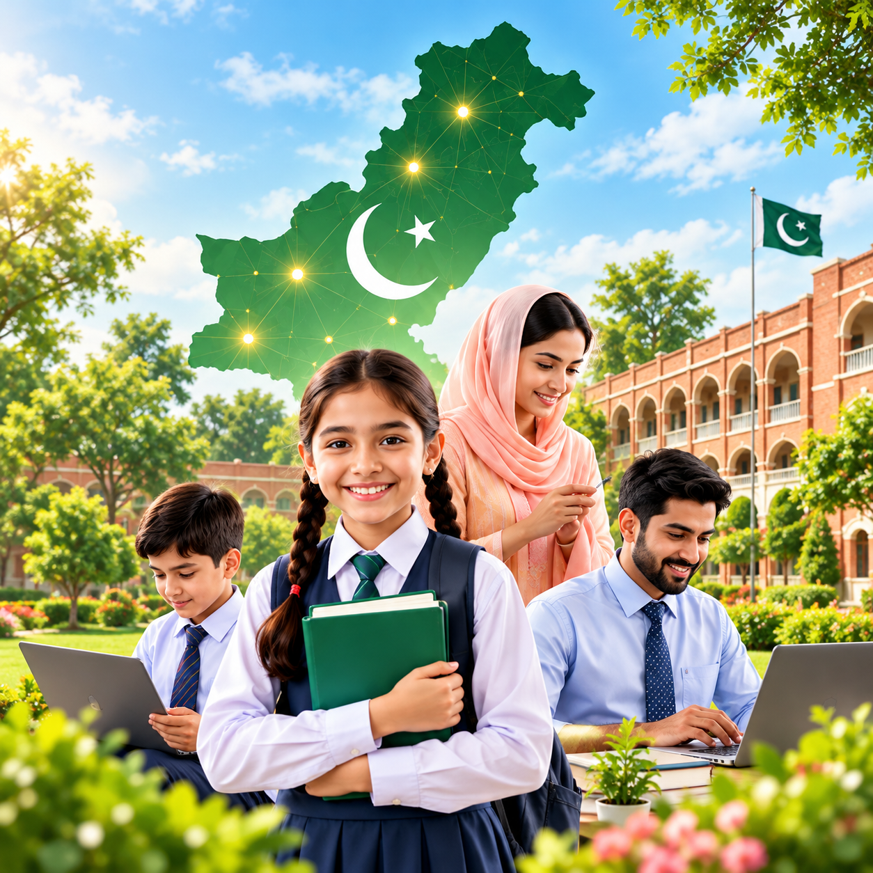 Pakistani students, a teacher and school administrator in a sunny campus, with a connected Pakistan map